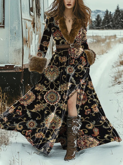 Vestido de invierno de patrón bohemio vintage para mujer