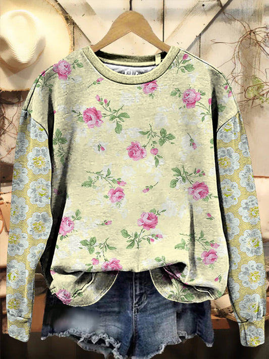 Retro Boho floral impreso cuello redondo cómodo algodón mezcla de manga larga suelta sudadera