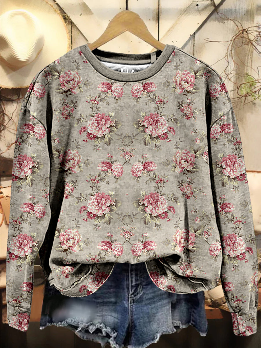 Retro Boho floral impreso cuello redondo cómodo algodón mezcla de manga larga suelta sudadera