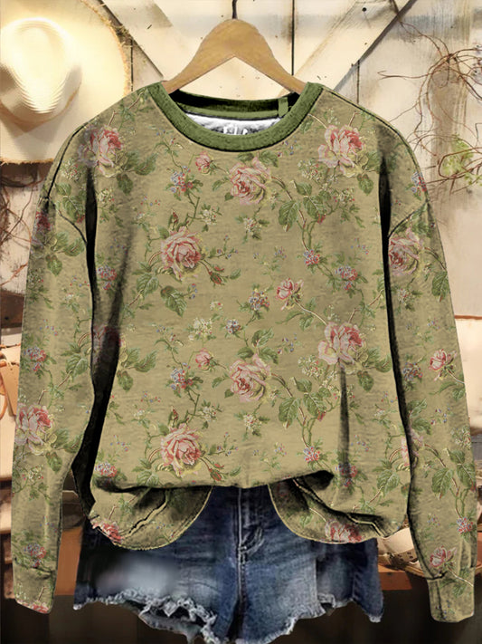 Retro Boho floral impreso cuello redondo cómodo algodón mezcla de manga larga suelta sudadera