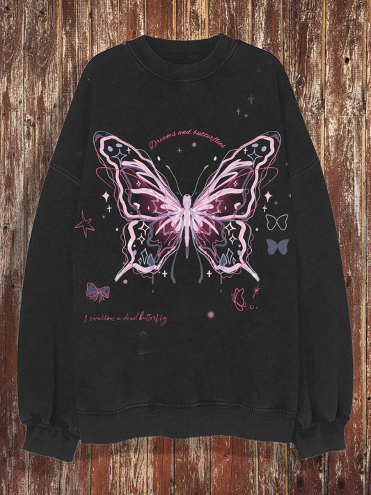 Unisex retro fluorescente mariposa arte impresión casual suelta cuello redondo de manga larga sudadera