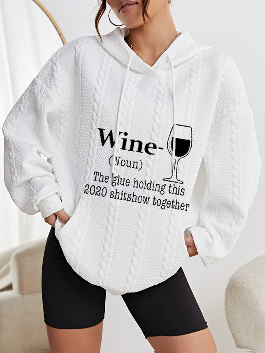 Wine Glass Impreso Chunky Knit Textured Drawstring Sudaderas casuales de manga larga