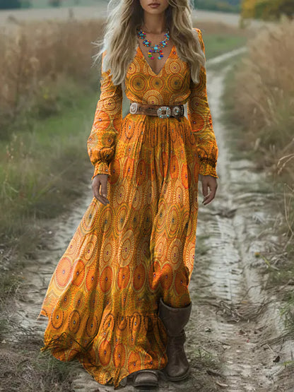 Vestido Midi de bolsillo con estampado de arte retro para mujer