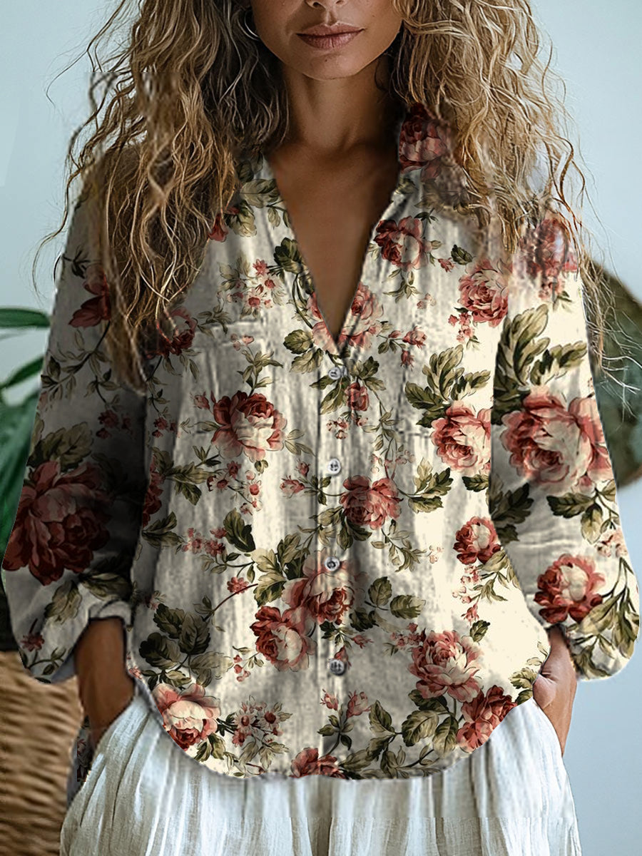 Vintage Floral Art Print V-cuello Casual algodón y lino camisa Top de las mujeres