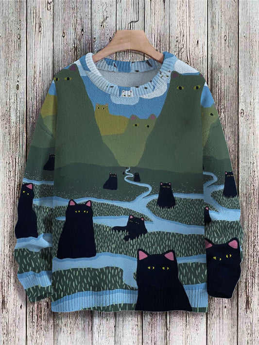 Unisex Gatos Vintage Arte Abstracto Imprimir Knit Pullover Sweater