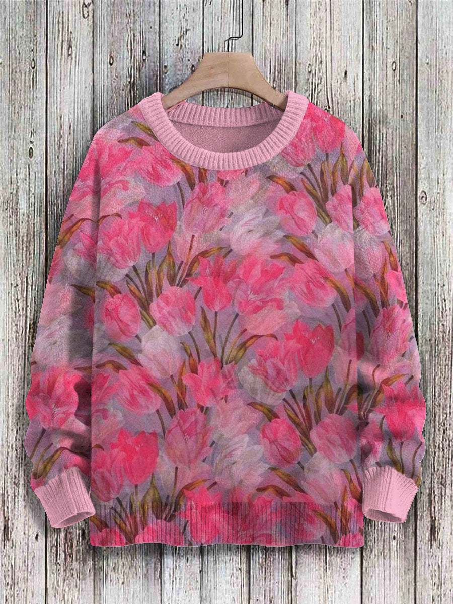 Unisex Vintage Tulip Art Print Knit Pullover Sweater