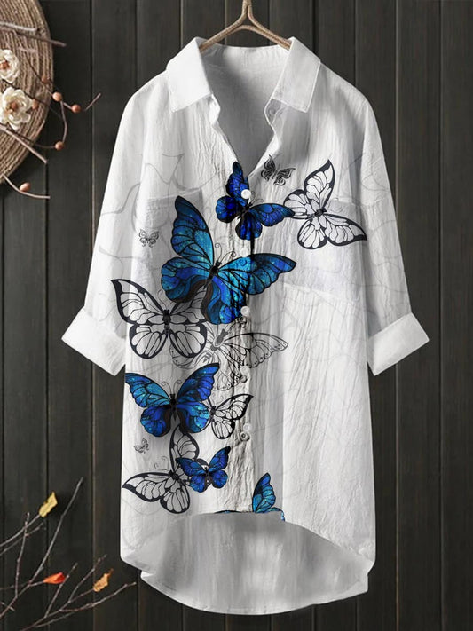 Patrón de mariposa de las mujeres casual suelta dobladillo curvado dobladillo algodón y lino camisa