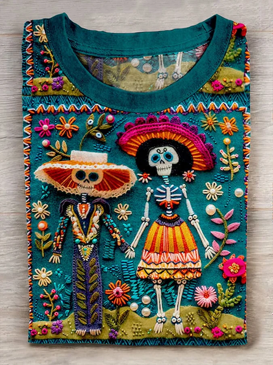 Mexican Catrina Day Of The Dead Sugar Skeleton Camiseta inspirada en algodón