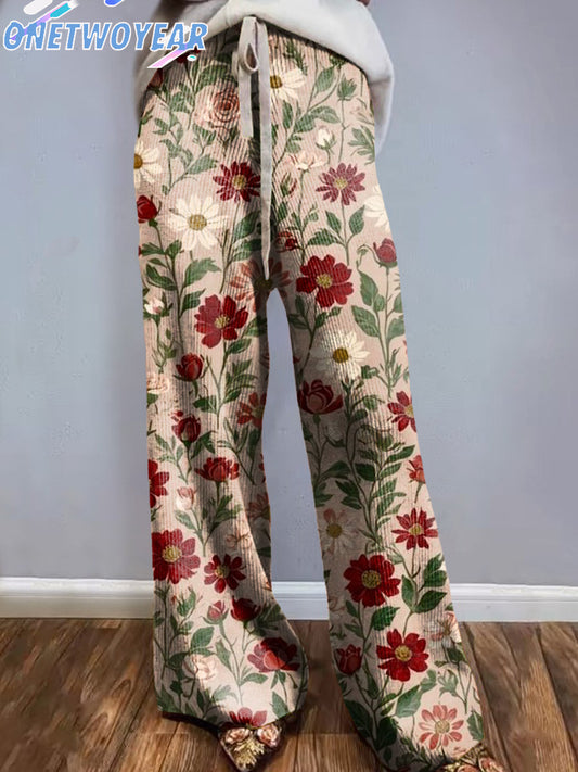 Pantalones de punto de impresión casual de ilustración de arte floral vintage de mujer